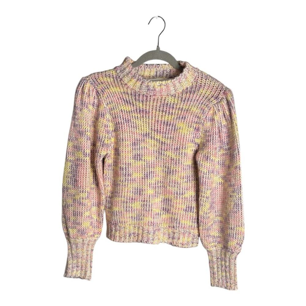 All in Favor Purple and Yellow Knit Sweater High Neck Puff Sleeves Small